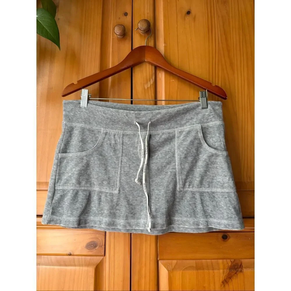 Vintage Y2K Bebe Gray Mini Skirt Womens M Drawstring Made in USA